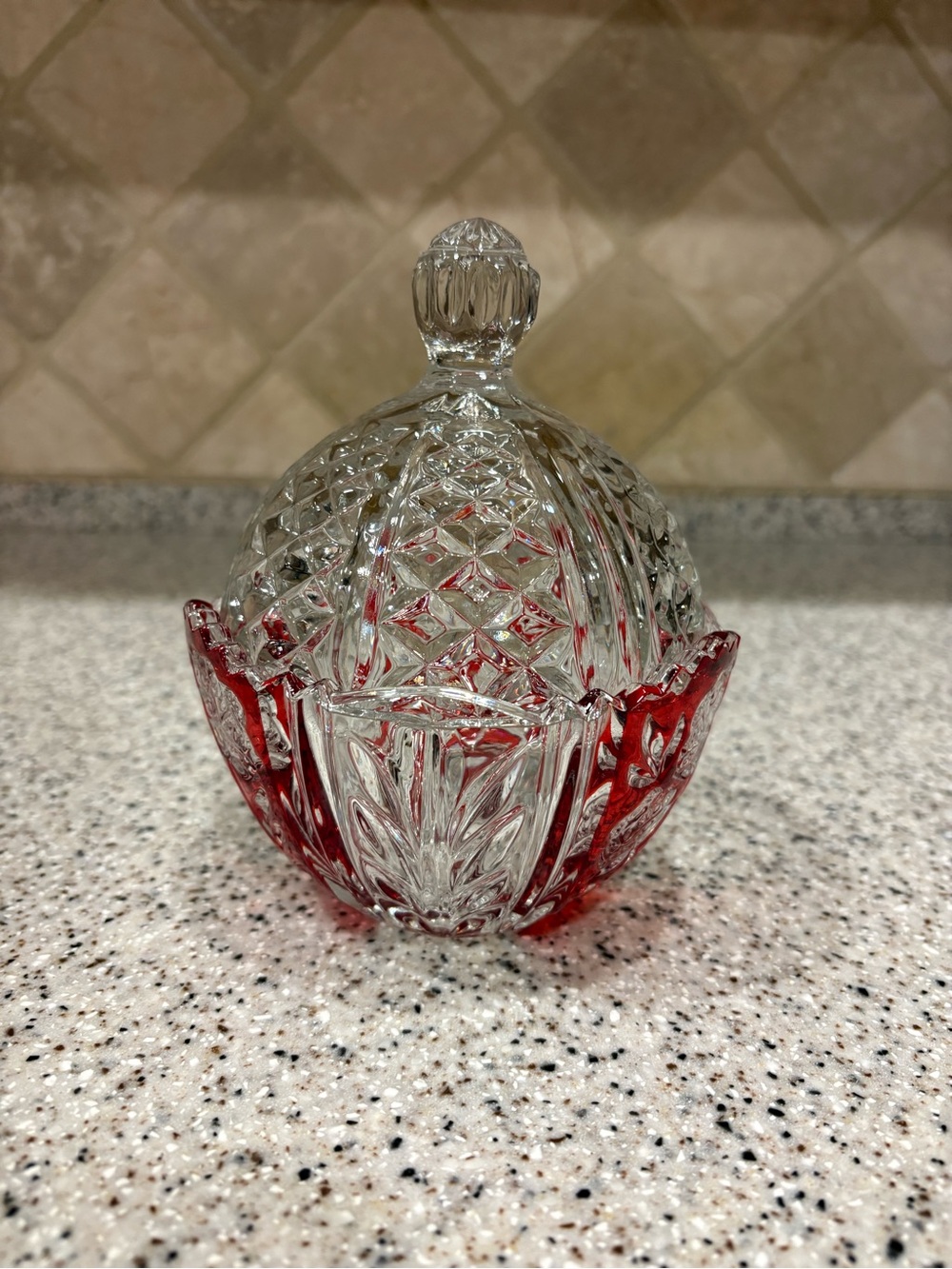 Cut Crystal Lidded Candy Dish with Ruby Red Accents